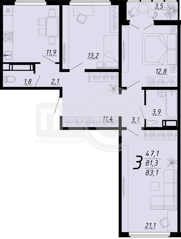 3-комнатная квартира, 82.5кв.м