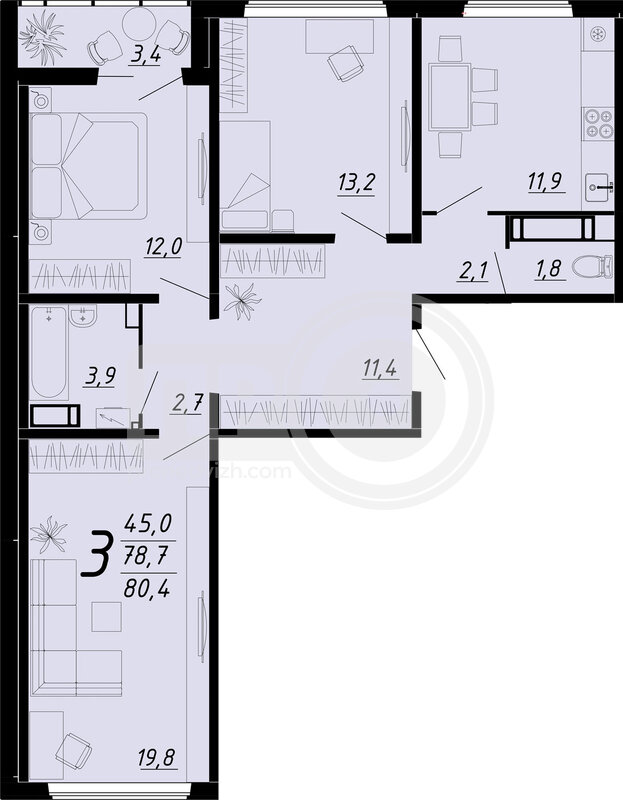 3-комнатная квартира, 80кв.м