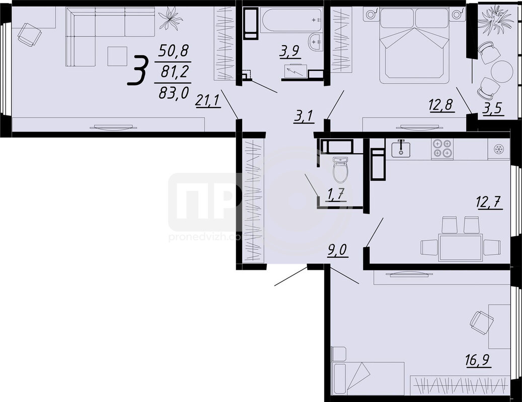 3-комнатная квартира, 82.6кв.м