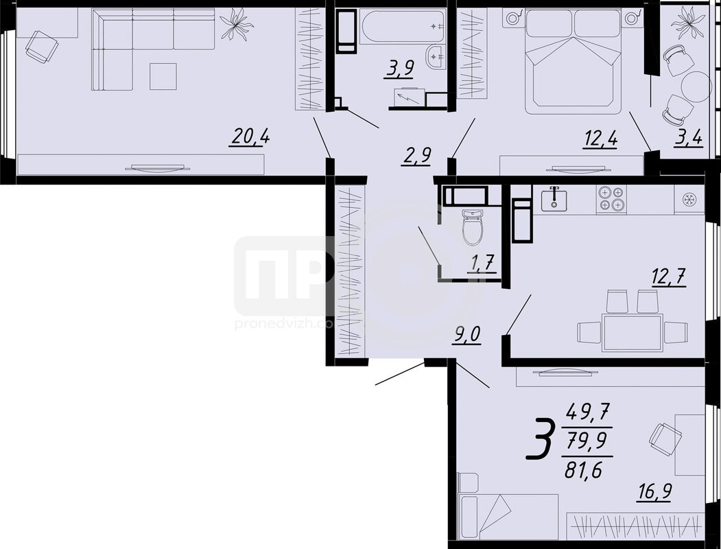 3-комнатная квартира, 81.3кв.м