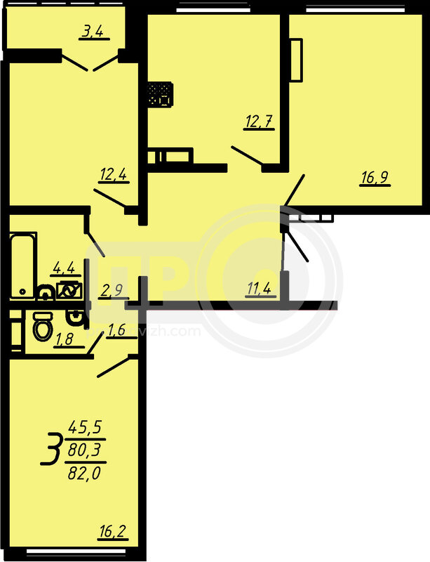 3-комнатная квартира, 82.8кв.м