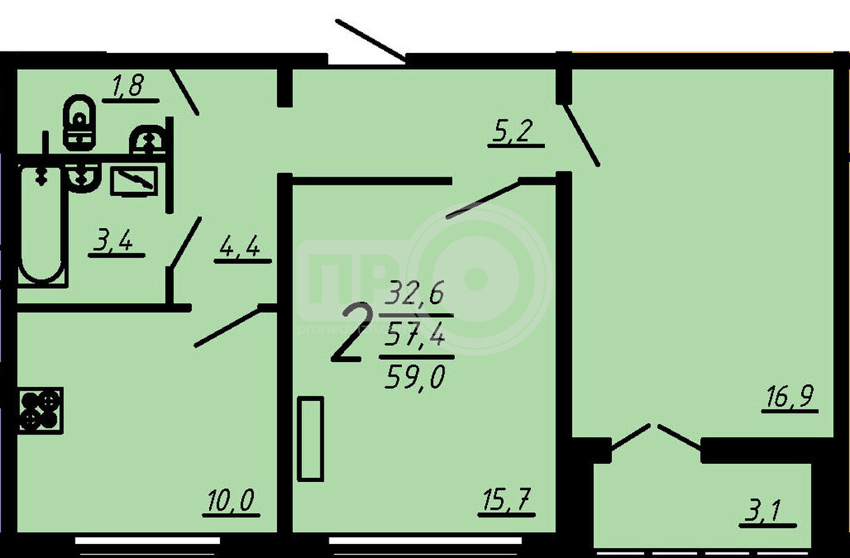 2-комнатная квартира, 58.9кв.м