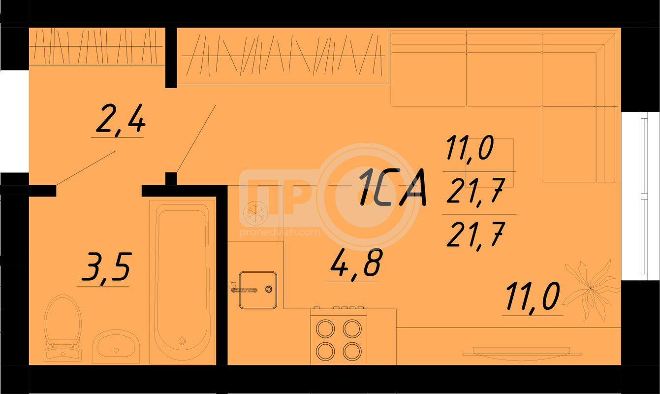 1-комнатная квартира, 25.6кв.м