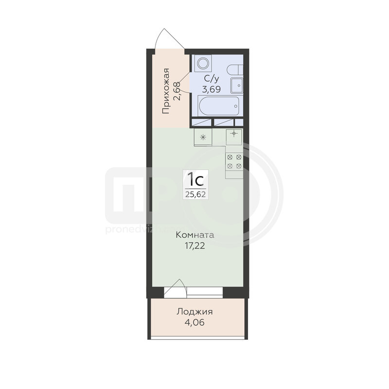 1-комнатная квартира, 25.62кв.м