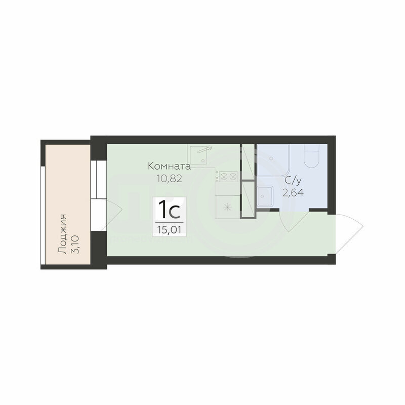 1-комнатная квартира, 15.01кв.м