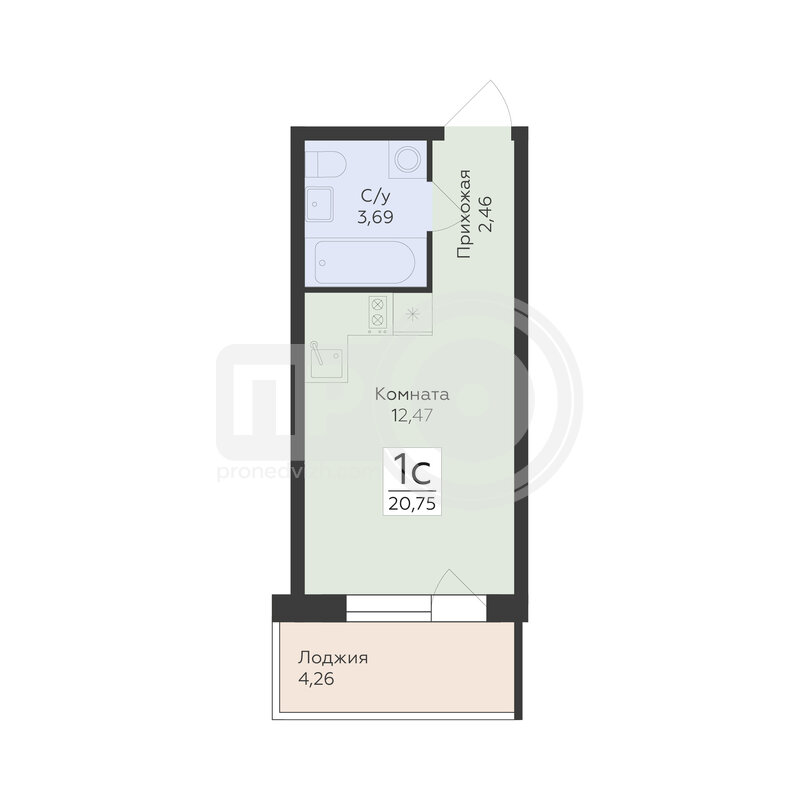 1-комнатная квартира, 20.75кв.м