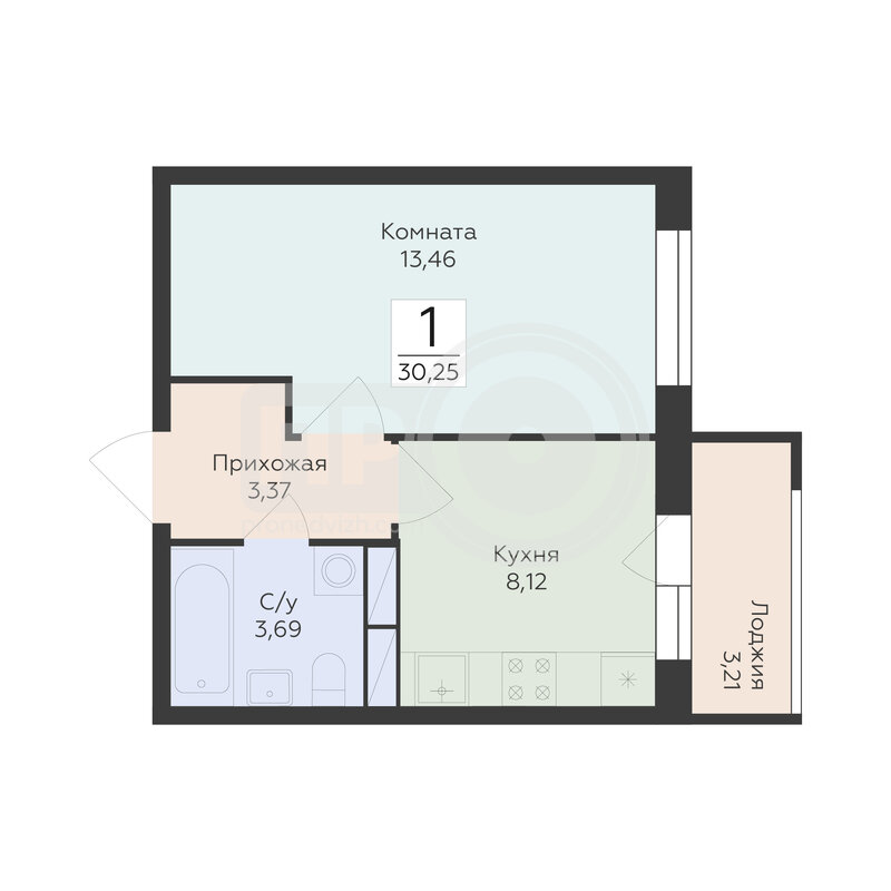 1-комнатная квартира, 30.25кв.м