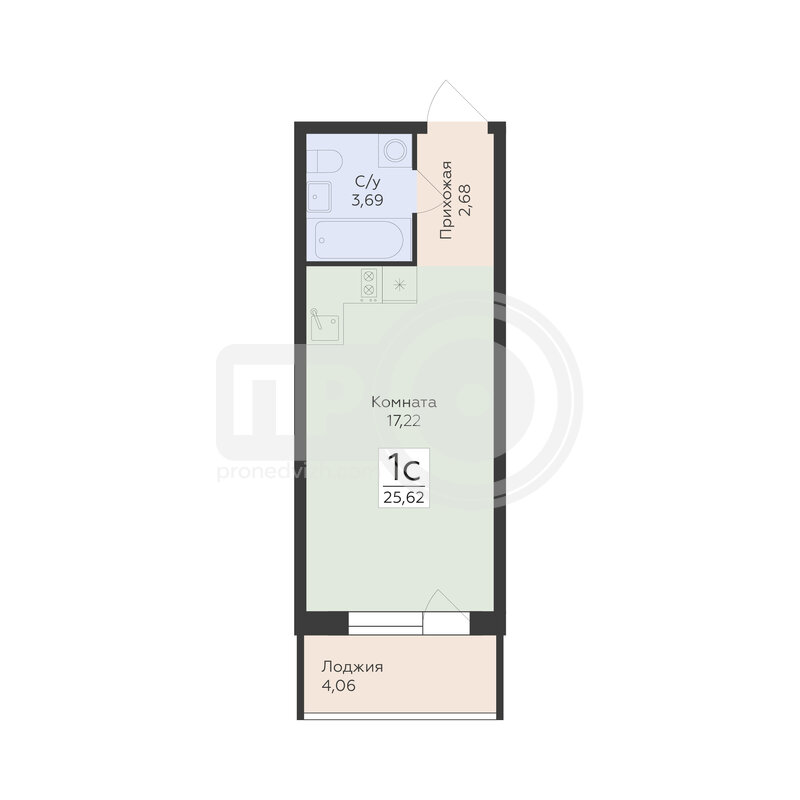 1-комнатная квартира, 25.62кв.м