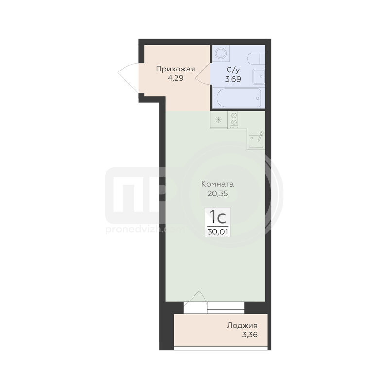 1-комнатная квартира, 30.01кв.м