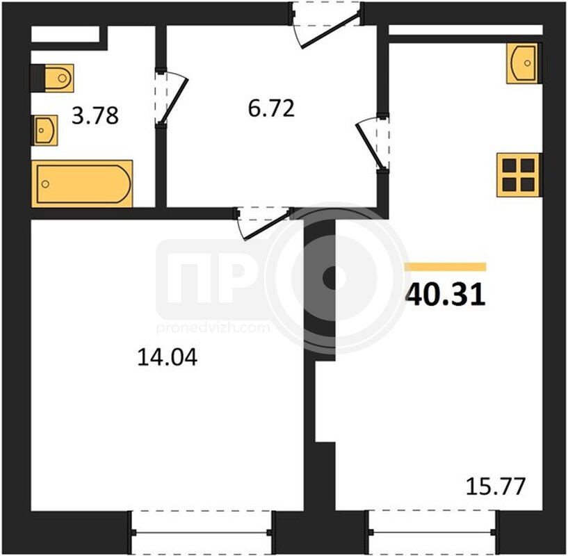1-комнатная квартира, 40.31кв.м