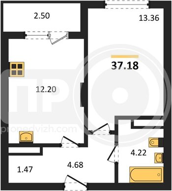 Миниатюра 1-комнатная квартира, 37.65кв.м