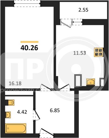 Миниатюра 1-комнатная квартира, 41.05кв.м