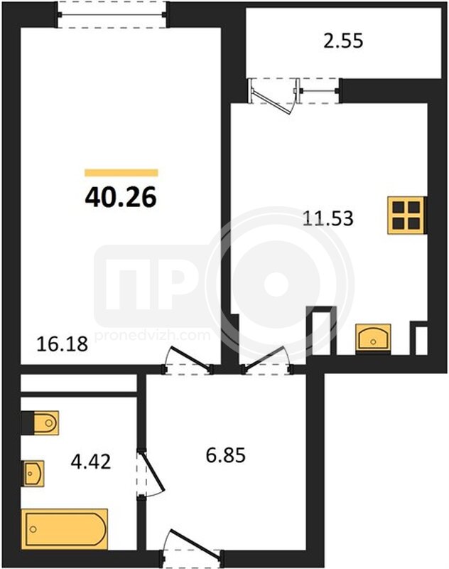 1-комнатная квартира, 41.05кв.м