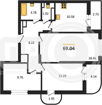 Миниатюра 3-комнатная квартира, 71.2кв.м