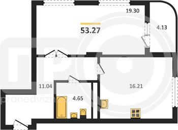 Миниатюра 1-комнатная квартира, 53.32кв.м