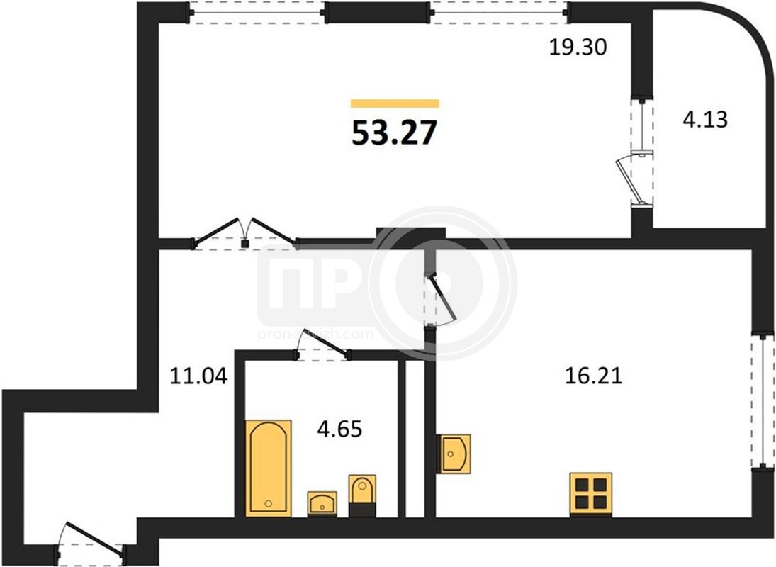 1-комнатная квартира, 53.32кв.м