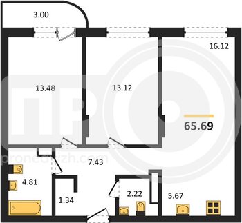 Миниатюра 2-комнатная квартира, 65.67кв.м