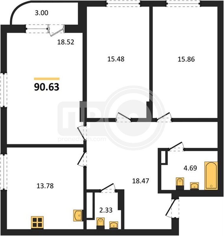 3-комнатная квартира, 91.12кв.м