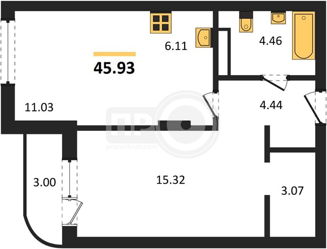 1-комнатная квартира, 45.83кв.м