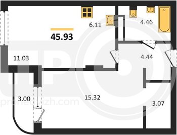 Миниатюра 1-комнатная квартира, 45.83кв.м