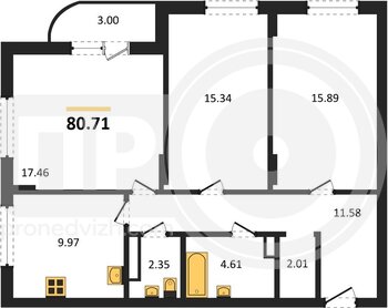 Миниатюра 3-комнатная квартира, 80.73кв.м