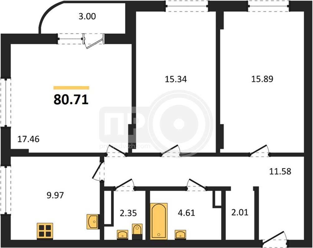 3-комнатная квартира, 80.73кв.м