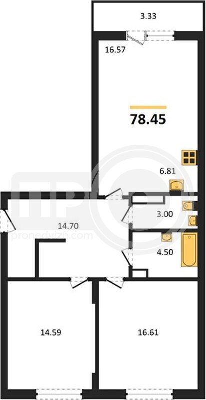 2-комнатная квартира, 78.4кв.м