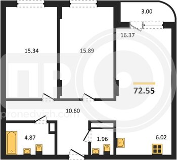 Миниатюра 2-комнатная квартира, 72.51кв.м