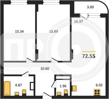 Миниатюра 2-комнатная квартира, 72.51кв.м