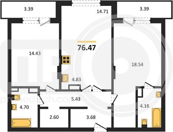 Миниатюра 2-комнатная квартира, 76.67кв.м