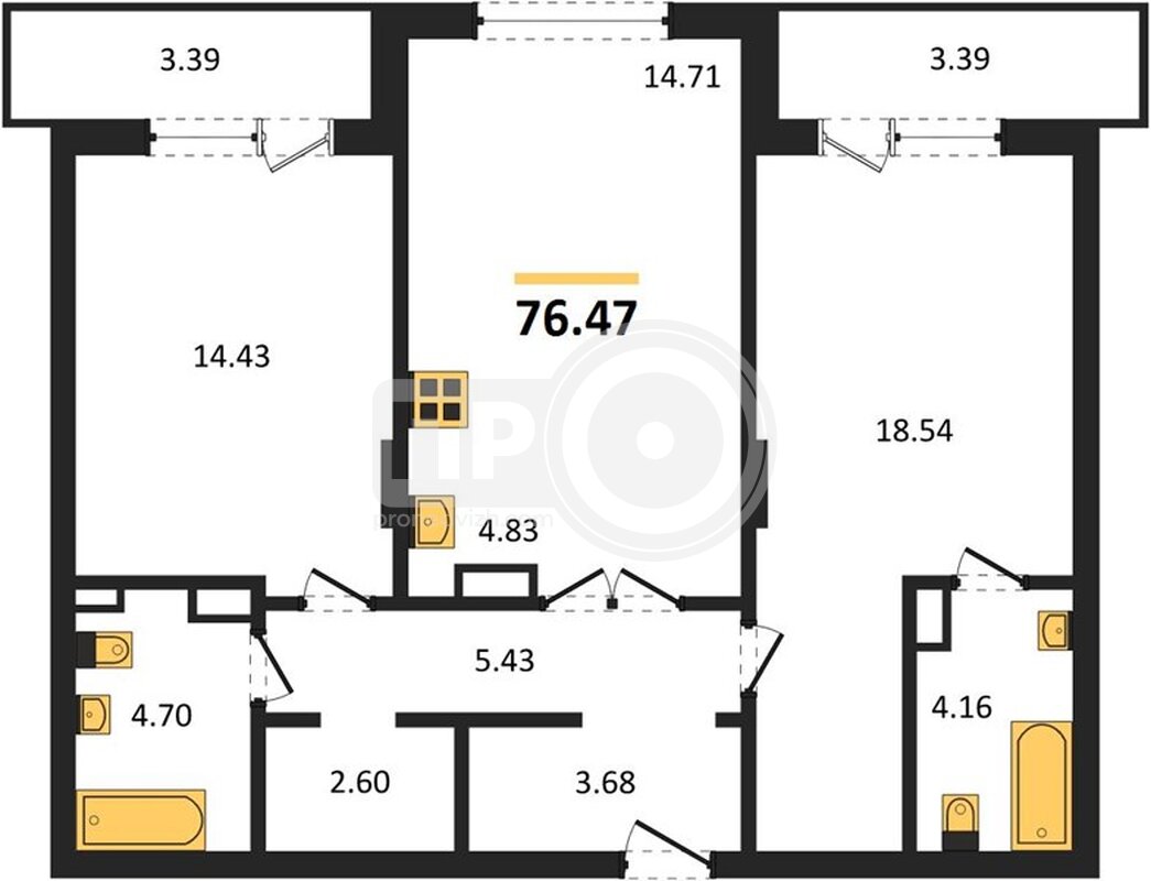 2-комнатная квартира, 76.67кв.м