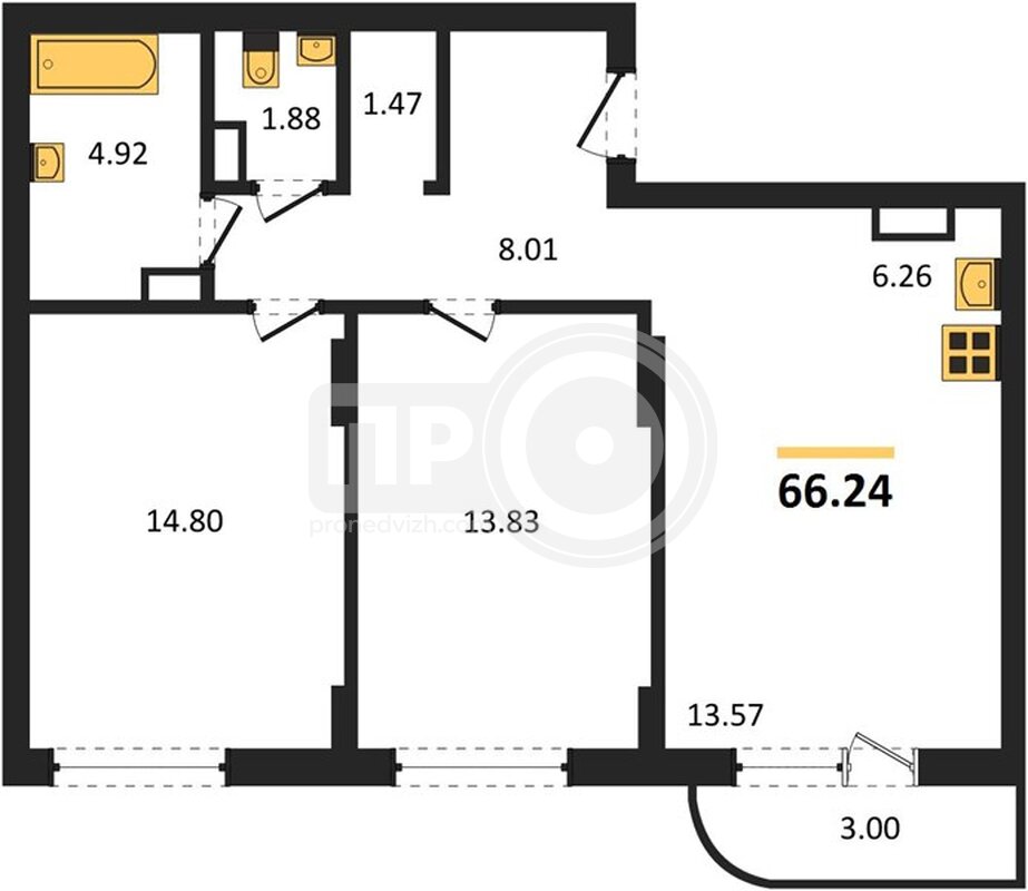 2-комнатная квартира, 66.6кв.м