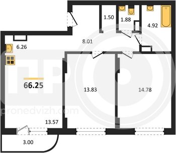 Миниатюра 2-комнатная квартира, 66.43кв.м