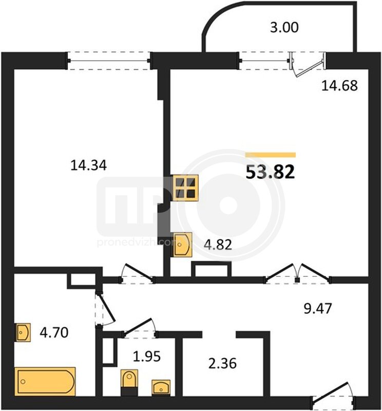 1-комнатная квартира, 54кв.м