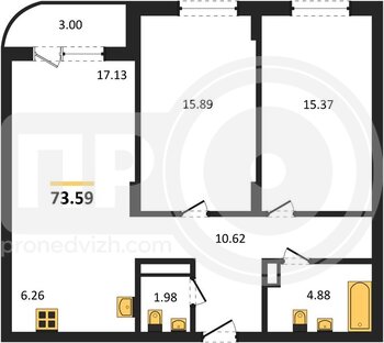 Миниатюра 2-комнатная квартира, 73.59кв.м