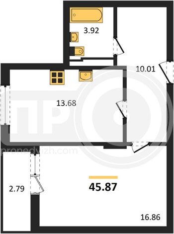 Миниатюра 1-комнатная квартира, 45.86кв.м