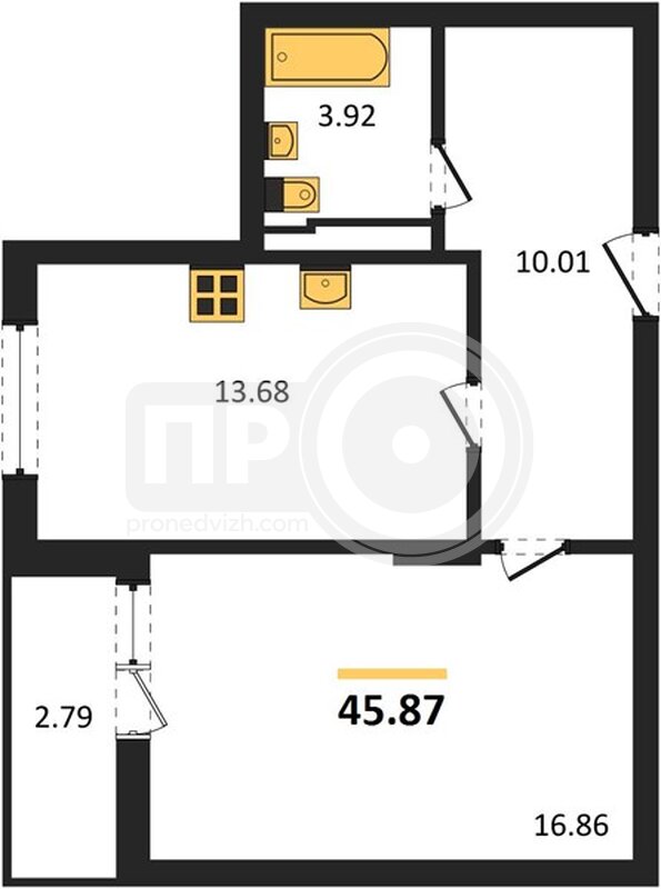 1-комнатная квартира, 45.86кв.м