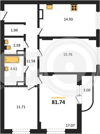 Миниатюра 3-комнатная квартира, 81.93кв.м