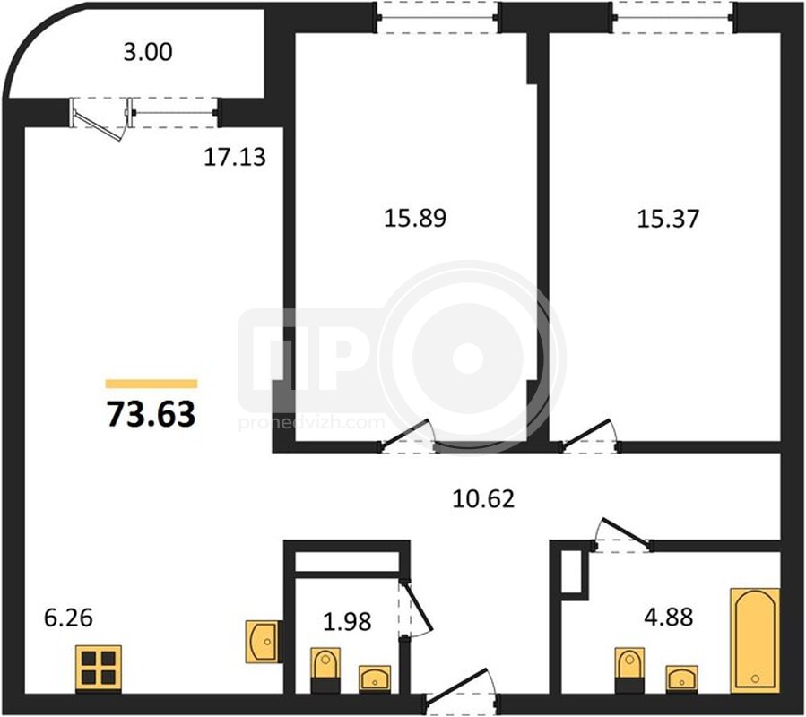 2-комнатная квартира, 73.59кв.м