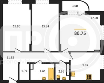 Миниатюра 3-комнатная квартира, 80.75кв.м