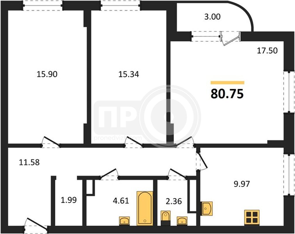 3-комнатная квартира, 80.75кв.м