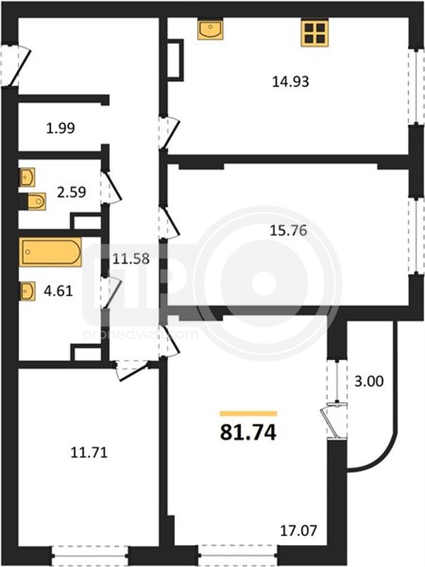 3-комнатная квартира, 81.93кв.м