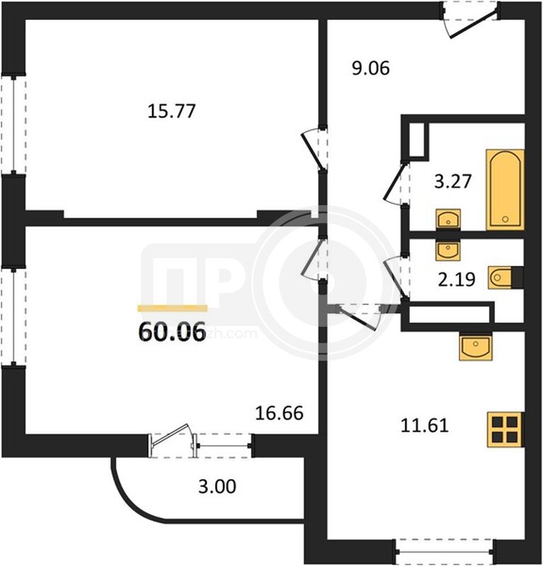 2-комнатная квартира, 60.1кв.м