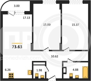 Миниатюра 2-комнатная квартира, 73.59кв.м