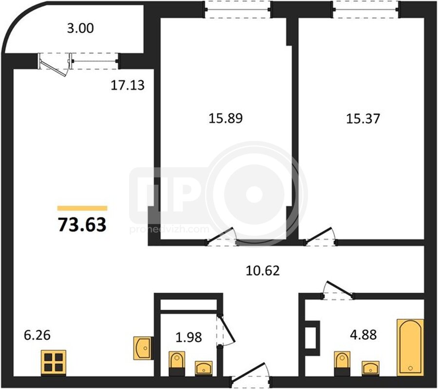 2-комнатная квартира, 73.59кв.м