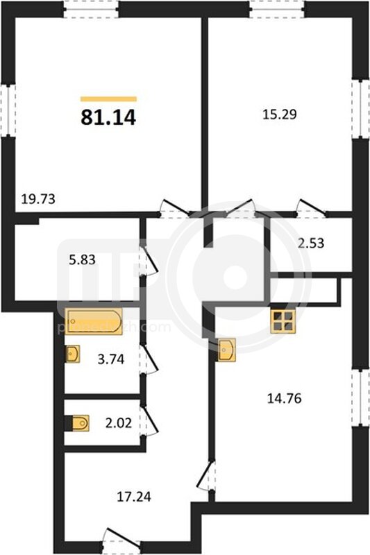 2-комнатная квартира, 81.14кв.м