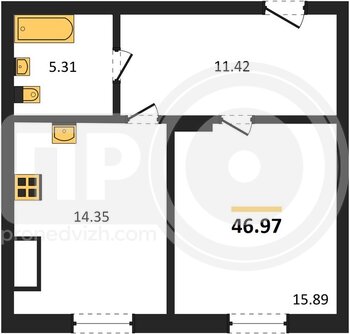 Миниатюра 1-комнатная квартира, 46.97кв.м
