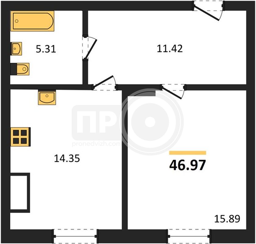 1-комнатная квартира, 46.97кв.м