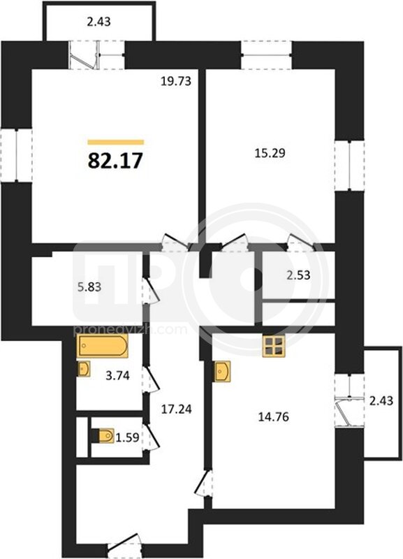 2-комнатная квартира, 82.17кв.м