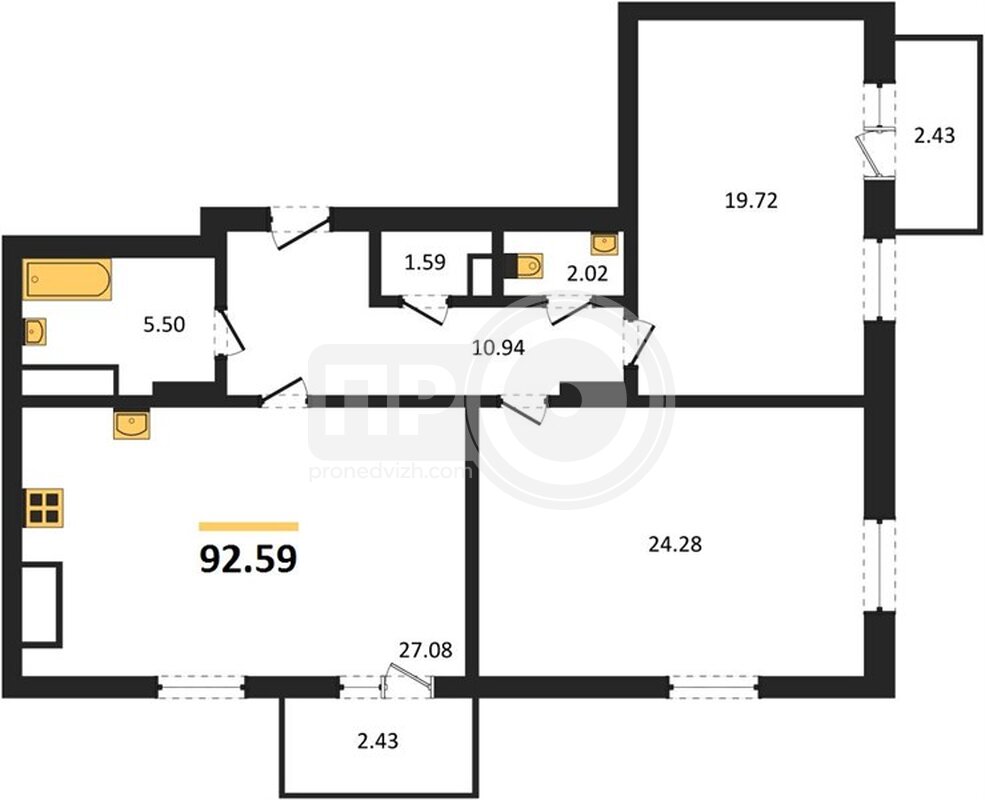 2-комнатная квартира, 92.59кв.м